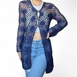 NWT Lulus Navy Blue Crochet Beach Swim Cover Up Cardigan Size XS